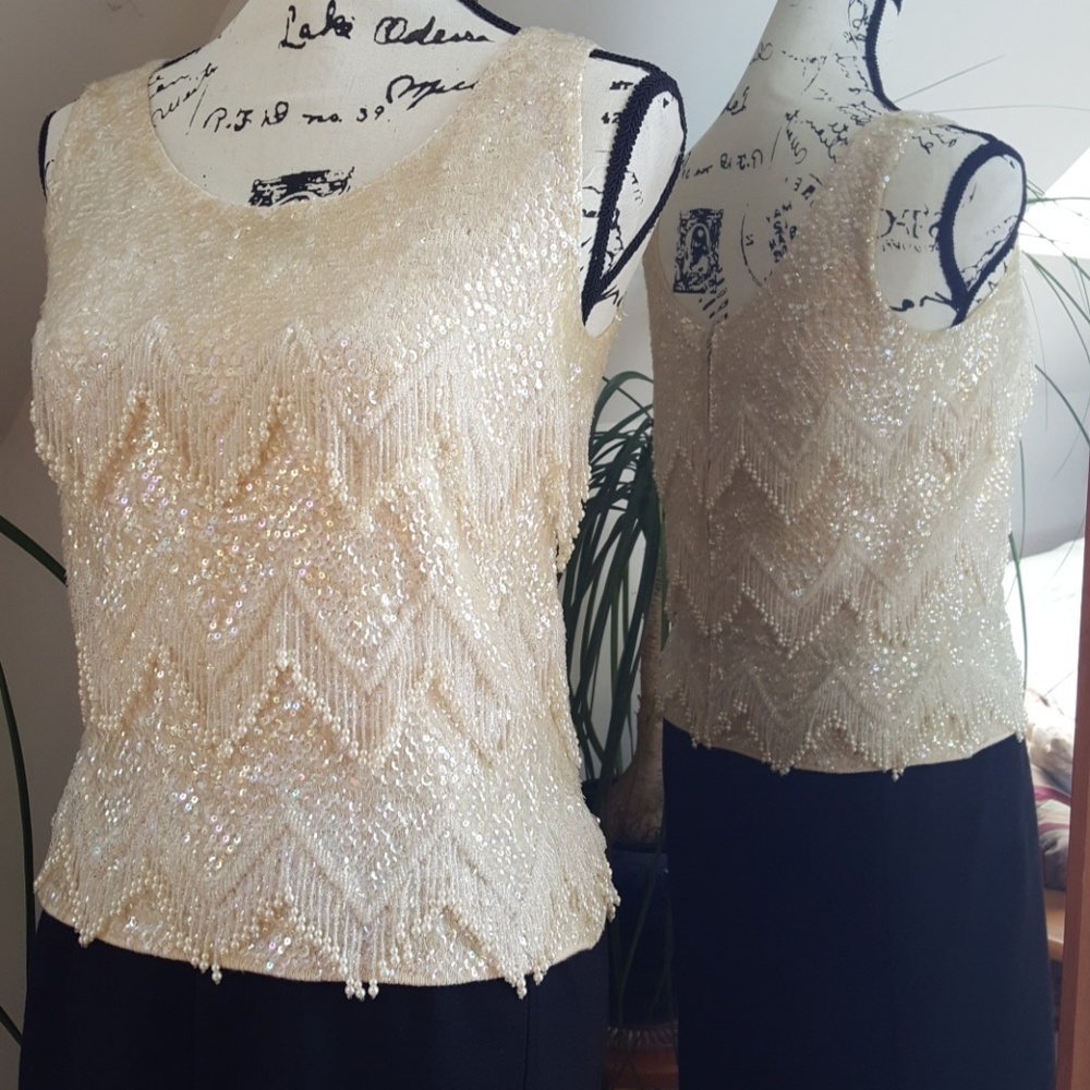 Vintage hand beaded sleeveless Cream top